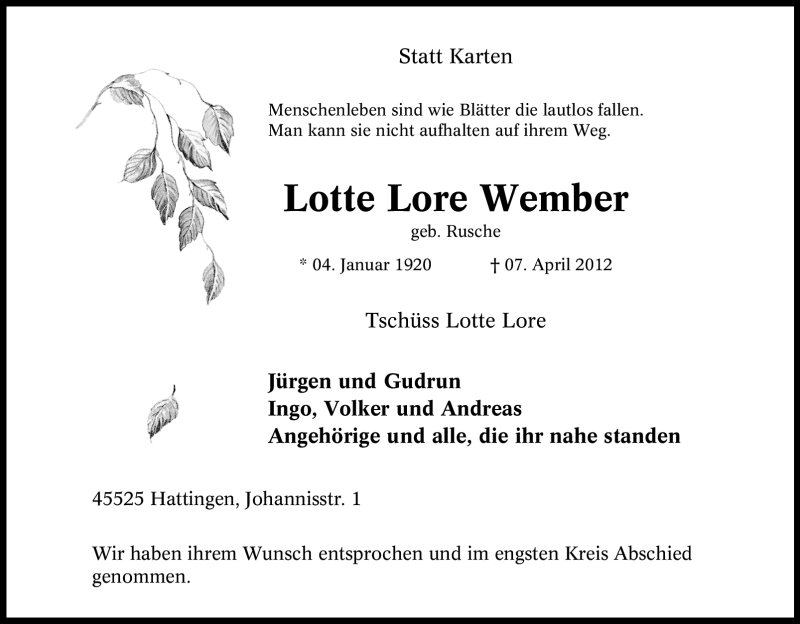  Traueranzeige für Lotte Lore Wember vom 21.04.2012 aus Tageszeitung
