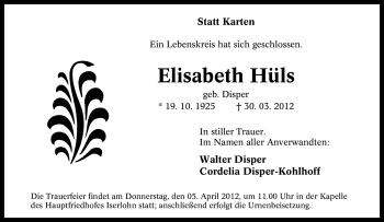 Traueranzeige von Elisabeth Hüls von Tageszeitung