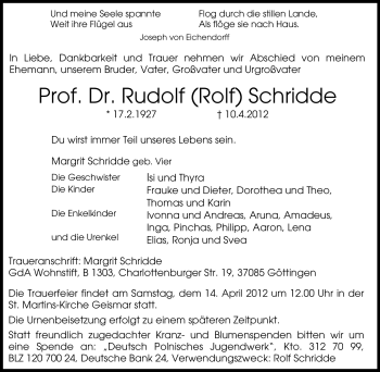 Traueranzeige von Rudolf Schridde von Tageszeitung