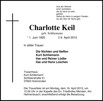 Traueranzeige von Charlotte Keil von Tageszeitung