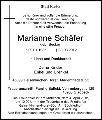 Traueranzeige von Marianne Schäfer von Tageszeitung