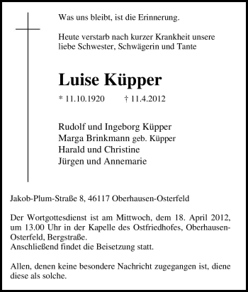 Traueranzeige von Luise Küpper von Tageszeitung
