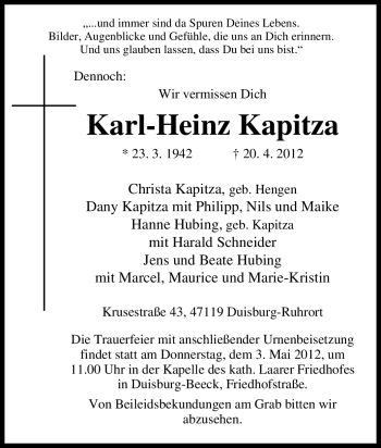Traueranzeige von Karl-Heinz Kapitza von Tageszeitung