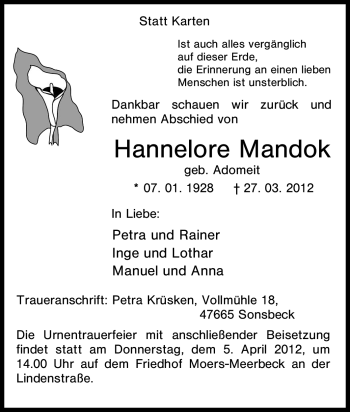 Traueranzeige von Hannelore Mandok von Tageszeitung
