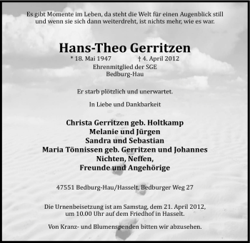 Traueranzeige von Hans-Theo Gerritzen von Tageszeitung
