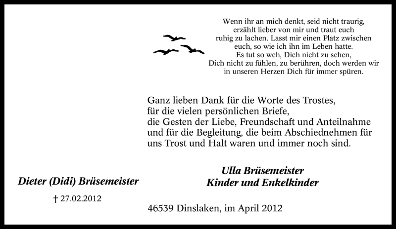  Traueranzeige für Dieter Brüsemeister vom 21.04.2012 aus Tageszeitung