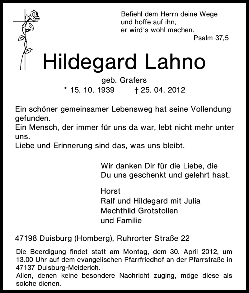  Traueranzeige für Hildegard Lahno vom 27.04.2012 aus Tageszeitung