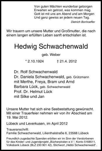 Traueranzeige von Hedwig Schwachenwald von Tageszeitung