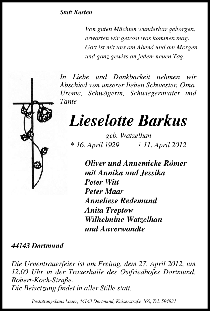  Traueranzeige für Lieselotte Barkus vom 21.04.2012 aus Tageszeitung
