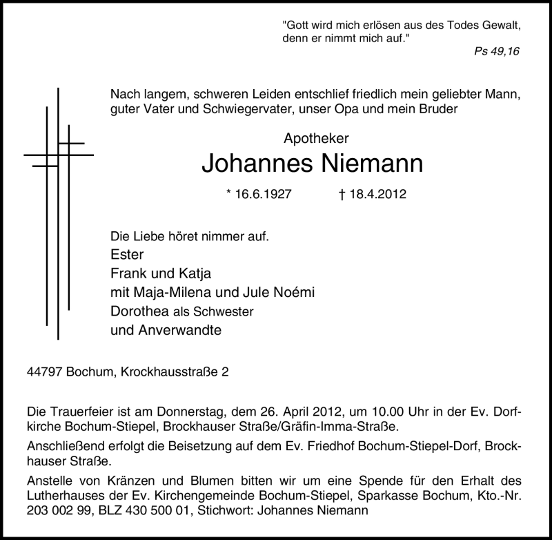 Traueranzeigen von Johannes Niemann TrauerinNRW.de