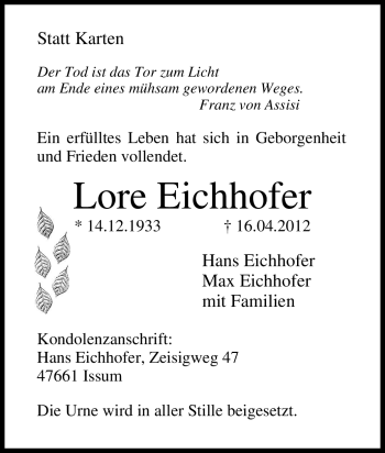 Traueranzeige von Lore Eichhofer von Tageszeitung
