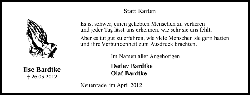 Traueranzeige für Ilse Bardtke vom 28.04.2012 aus Tageszeitung
