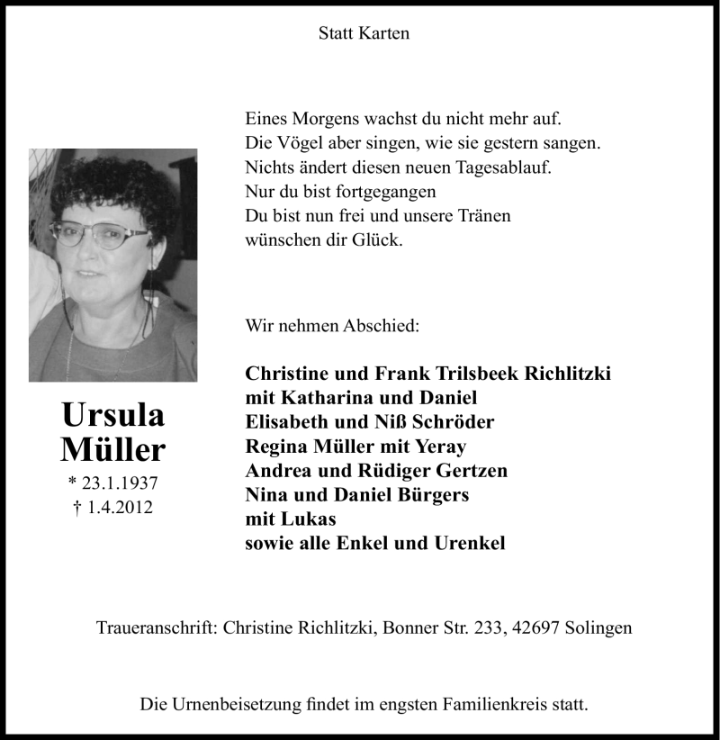  Traueranzeige für Ursula Müller vom 04.04.2012 aus Tageszeitung