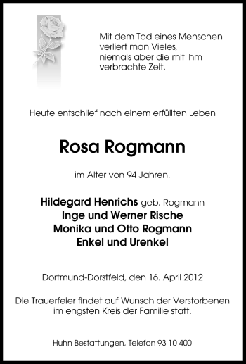 Traueranzeige von Rosa Rogmann von Tageszeitung