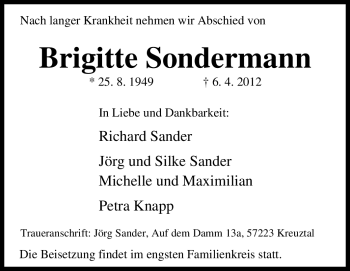 Traueranzeige von Brigitte Sondermann von Tageszeitung