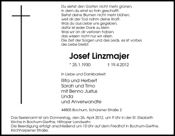 Traueranzeige von Josef Linzmajer von Tageszeitung