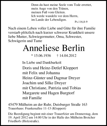 Traueranzeige von Anneliese Berlin von Tageszeitung