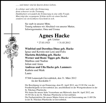 Traueranzeige von Agnes Hacke von Tageszeitung