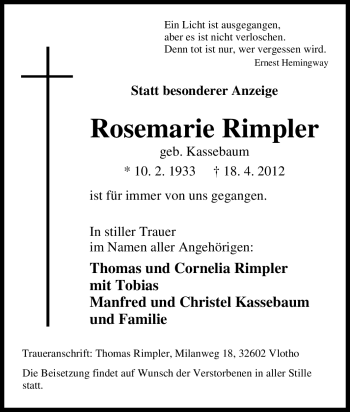 Traueranzeige von Rosemarie Rimpler von Tageszeitung