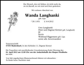 Traueranzeige von Wanda Langhanki von Tageszeitung