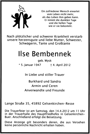 Traueranzeige von Ilse Bembennek von Tageszeitung