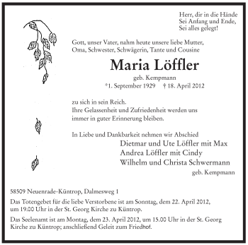 Traueranzeige von Maria Löffler von Tageszeitung