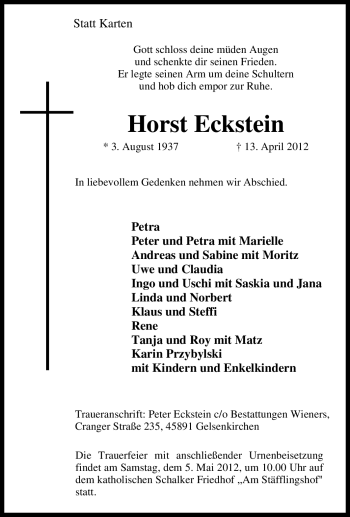 Traueranzeige von Horst Eckstein von Tageszeitung