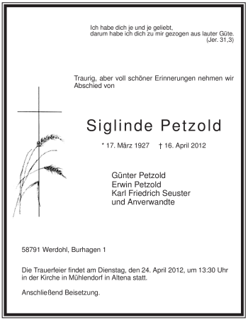 Traueranzeige von Siglinde Petzold von Tageszeitung