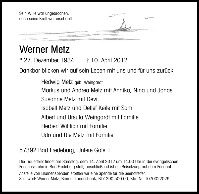  Traueranzeige für Werner Metz vom 12.04.2012 aus Tageszeitung