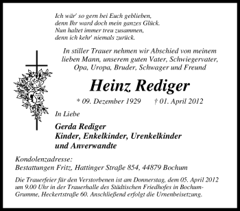 Traueranzeige von Heinz Rediger von Tageszeitung