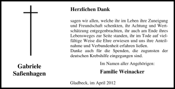 Traueranzeige von Gabriele Saßenhagen von Tageszeitung