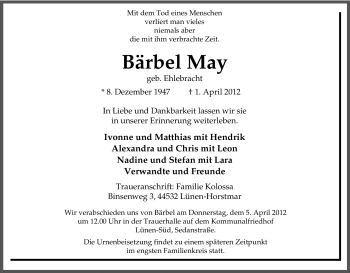 Traueranzeige von Bärbel May von Tageszeitung
