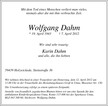 Traueranzeige von Wolfgang Dahm von Tageszeitung
