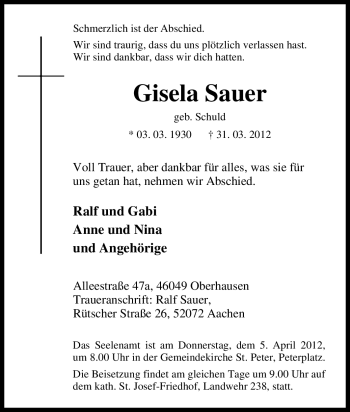 Traueranzeige von Gisela Sauer von Tageszeitung