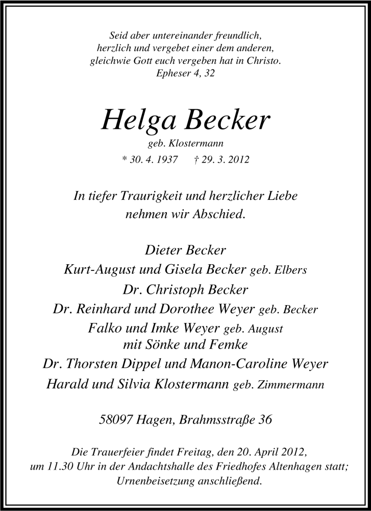  Traueranzeige für Helga Becker vom 16.04.2012 aus Tageszeitung