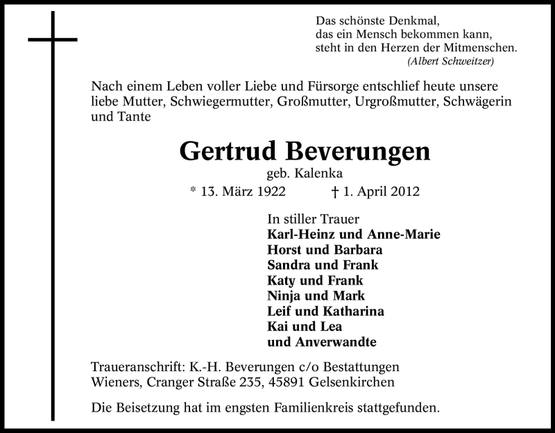  Traueranzeige für Gertrud Beverungen vom 14.04.2012 aus Tageszeitung