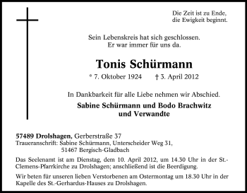Traueranzeige von Tonis Schürmann von Tageszeitung