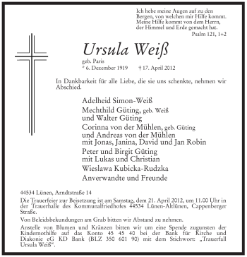Traueranzeige von Ursula Weiß von Tageszeitung