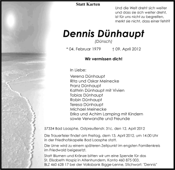 Traueranzeige von Dennis Dünhaupt von Tageszeitung