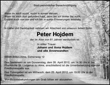 Traueranzeige von Peter Hojdem von Tageszeitung