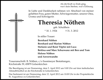 Traueranzeige von Theresia Nöthen von Tageszeitung