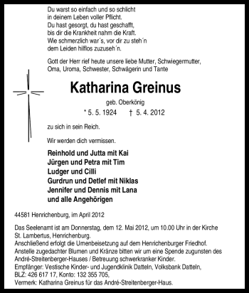 Traueranzeige von Katharina Greinus von Tageszeitung