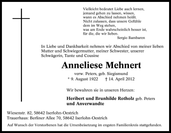 Traueranzeige von Anneliese Mehnert von Tageszeitung