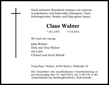 Traueranzeige von Claus Walner von Tageszeitung
