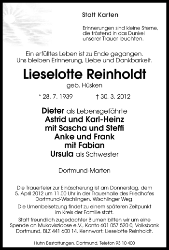 Traueranzeige von Lieselotte Reinholdt von Tageszeitung