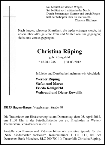 Traueranzeige von Christina Rüping von Tageszeitung