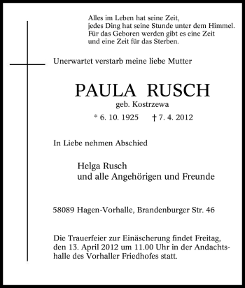 Traueranzeige von Paula Rusch von Tageszeitung