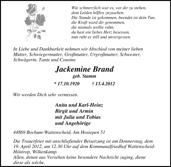 Traueranzeige von Jackemine Brand von Tageszeitung