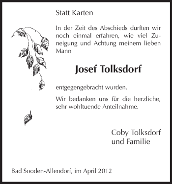 Traueranzeige von Josef Tolksdorf von Tageszeitung