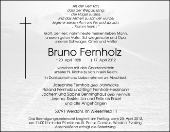 Traueranzeige von Bruno Fernholz von Tageszeitung